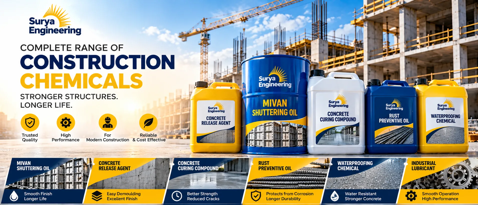 Surya Engineering construction chemicals: Mivan shuttering oil, concrete release agent, curing compound, rust preventive oil, waterproofing chemical and industrial lubricant